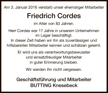 Traueranzeige von Friedrich Cordes von Uelzen