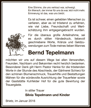 Traueranzeige von Bernd Tepelmann von Uelzen