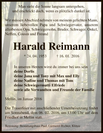 Traueranzeige von Harald Reimann von Uelzen