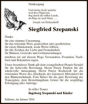 Traueranzeige von Siegfried Szepanski von Uelzen