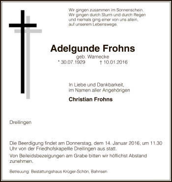 Traueranzeige von Adelgunde Frohns von Uelzen