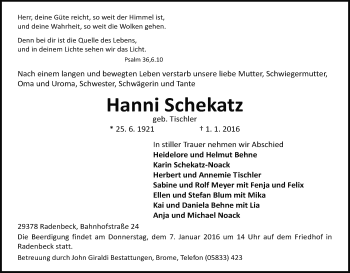 Traueranzeige von Hanni Schekatz von Uelzen