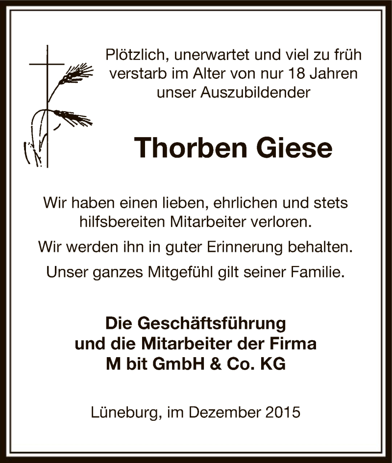  Traueranzeige für Thorben Giese vom 02.01.2016 aus Uelzen