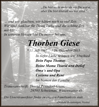 Traueranzeige von Thorben Giese von Uelzen