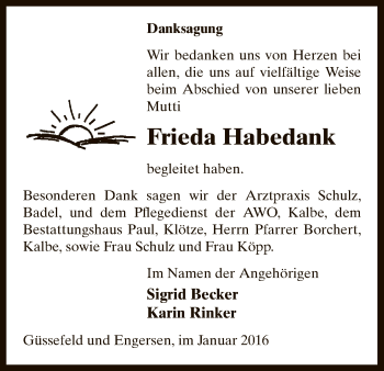 Traueranzeige von Frieda Habedank von Uelzen