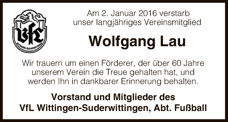  Traueranzeige für Wolfgang Lau vom 06.01.2016 aus Uelzen