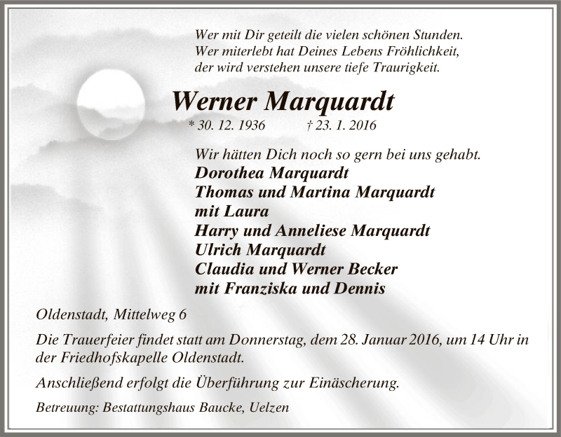  Traueranzeige für Werner Marquardt vom 26.01.2016 aus Uelzen