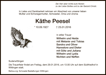 Traueranzeige von Käthe Peesel von Uelzen