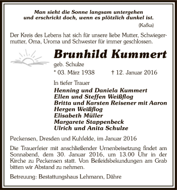 Traueranzeige von Brunhild Kummert von Uelzen