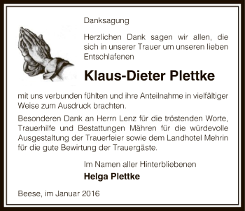 Traueranzeige von Klaus-Dieter Plettke von Uelzen