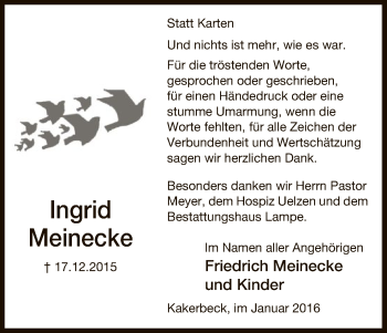 Traueranzeige von Ingrid Meinecke von Uelzen