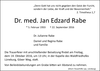 Traueranzeige von Jan Edzard Rabe von Uelzen