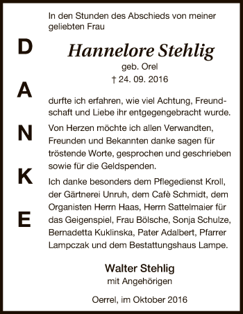 Traueranzeige von Hannelore Stehlig von Uelzen