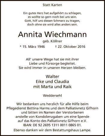 Traueranzeige von Annita Wiechmann von Uelzen