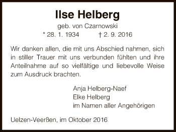 Traueranzeige von Ilse Helberg von Uelzen