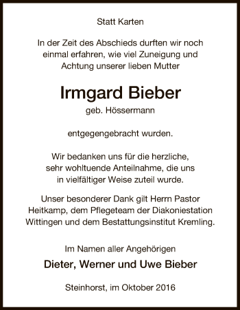 Traueranzeige von Irmgard Bieber von Uelzen