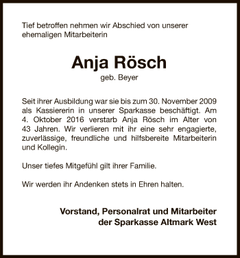 Traueranzeige von Anja Rösch von Uelzen