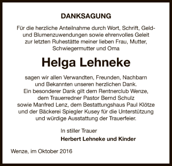 Traueranzeige von Helga Lehneke von Uelzen