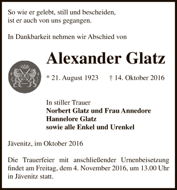 Traueranzeige von Alexander Glatz von Uelzen