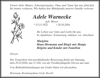 Traueranzeige von Adele Warnecke von Uelzen
