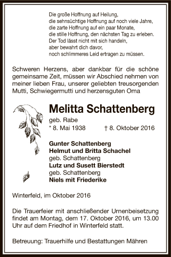 Traueranzeige von Melitta Schattenberg von Uelzen