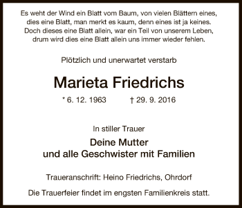 Traueranzeige von Marieta Friedrichs von Uelzen