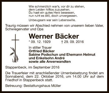 Traueranzeige von Werner Bäcker von Uelzen