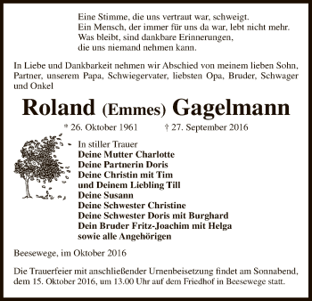 Traueranzeige von Roland Gagelmann von Uelzen