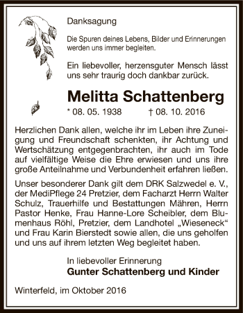 Traueranzeige von Melitta Schattenberg von Uelzen