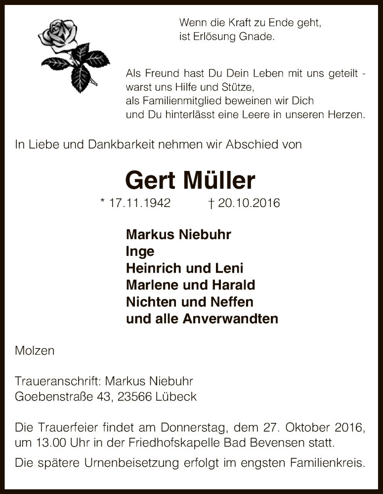  Traueranzeige für Gert Müller vom 22.10.2016 aus Uelzen