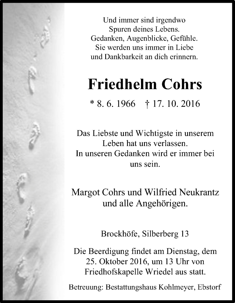  Traueranzeige für Friedhelm Cohrs vom 21.10.2016 aus Uelzen