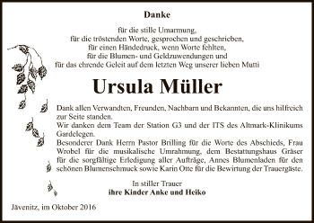 Traueranzeige von Ursula Müller von Uelzen