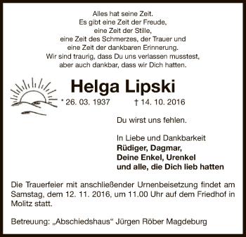 Traueranzeige von Helga Lipski von Uelzen