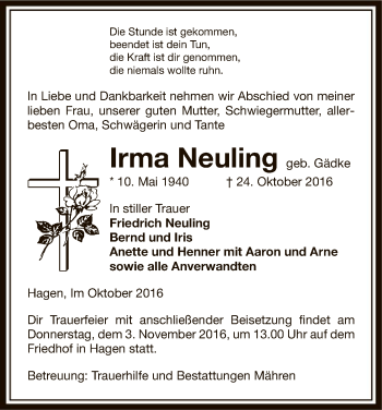 Traueranzeige von Irma Neuling von Uelzen