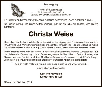 Traueranzeige von Christa Weise von Uelzen