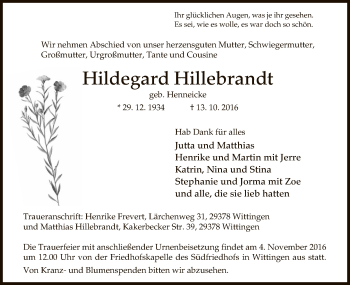 Traueranzeige von Hildegard Hillebrandt von Uelzen