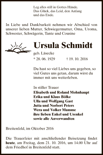 Traueranzeige von Ursula Schmidt von Uelzen