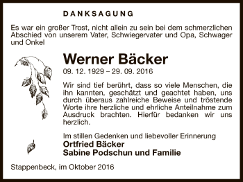 Traueranzeige von Werner Bäcker von Uelzen