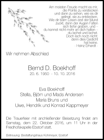 Traueranzeige von Bernd D. Boekhoff von Uelzen