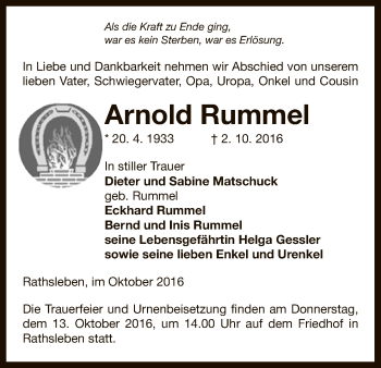 Traueranzeige von Arnold Rummel von Uelzen