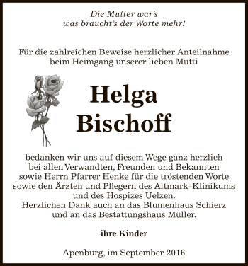 Traueranzeige von Helga Bischoff von Uelzen