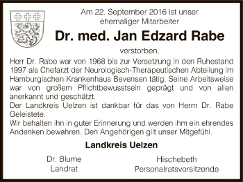 Traueranzeige von Jan Edzard Rabe von Uelzen