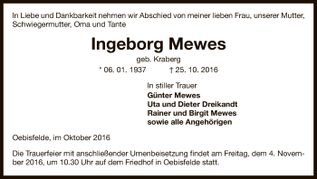 Traueranzeige von Ingeborg Mewes von Uelzen