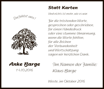 Traueranzeige von Anke Barge von Uelzen