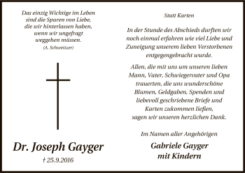 Traueranzeige von Joseph Gayger von Uelzen