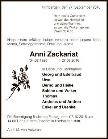 Traueranzeige von Anni Zackariat von Uelzen