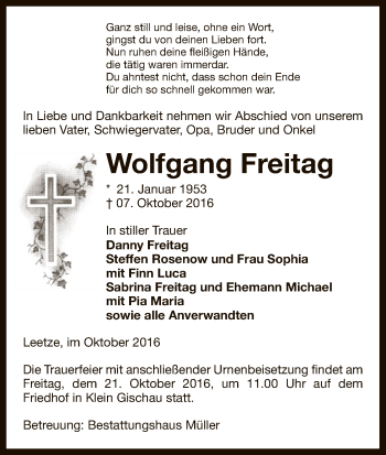 Traueranzeige von Wolfgang Freitag von Uelzen