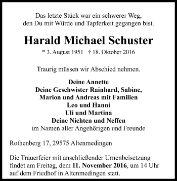 Traueranzeige von Harald Michael Schuster von Uelzen