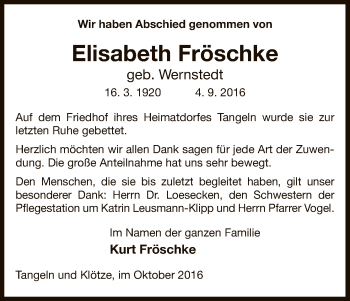 Traueranzeige von Elisabeth Fröschke von Uelzen