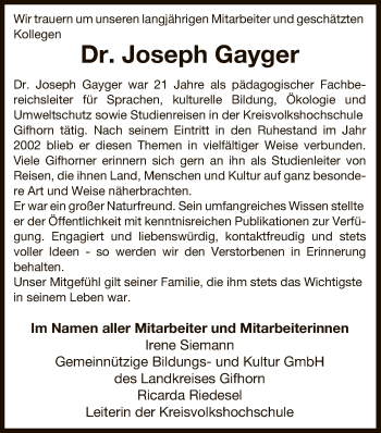 Traueranzeige von Joseph Gayger von Uelzen